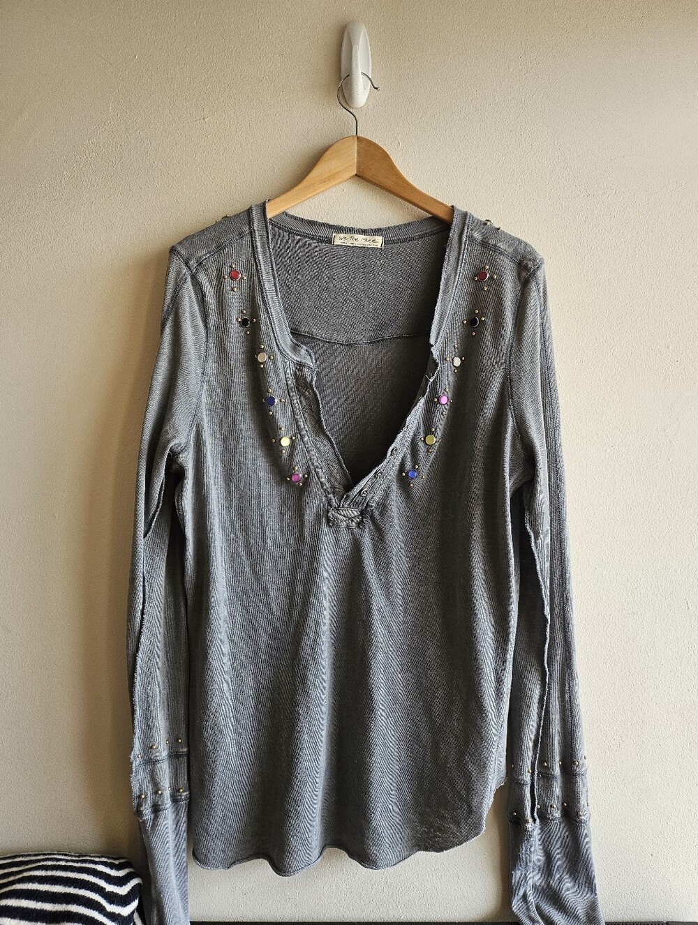 Free People Wild Ride Henley top in gray with colorful studded gems